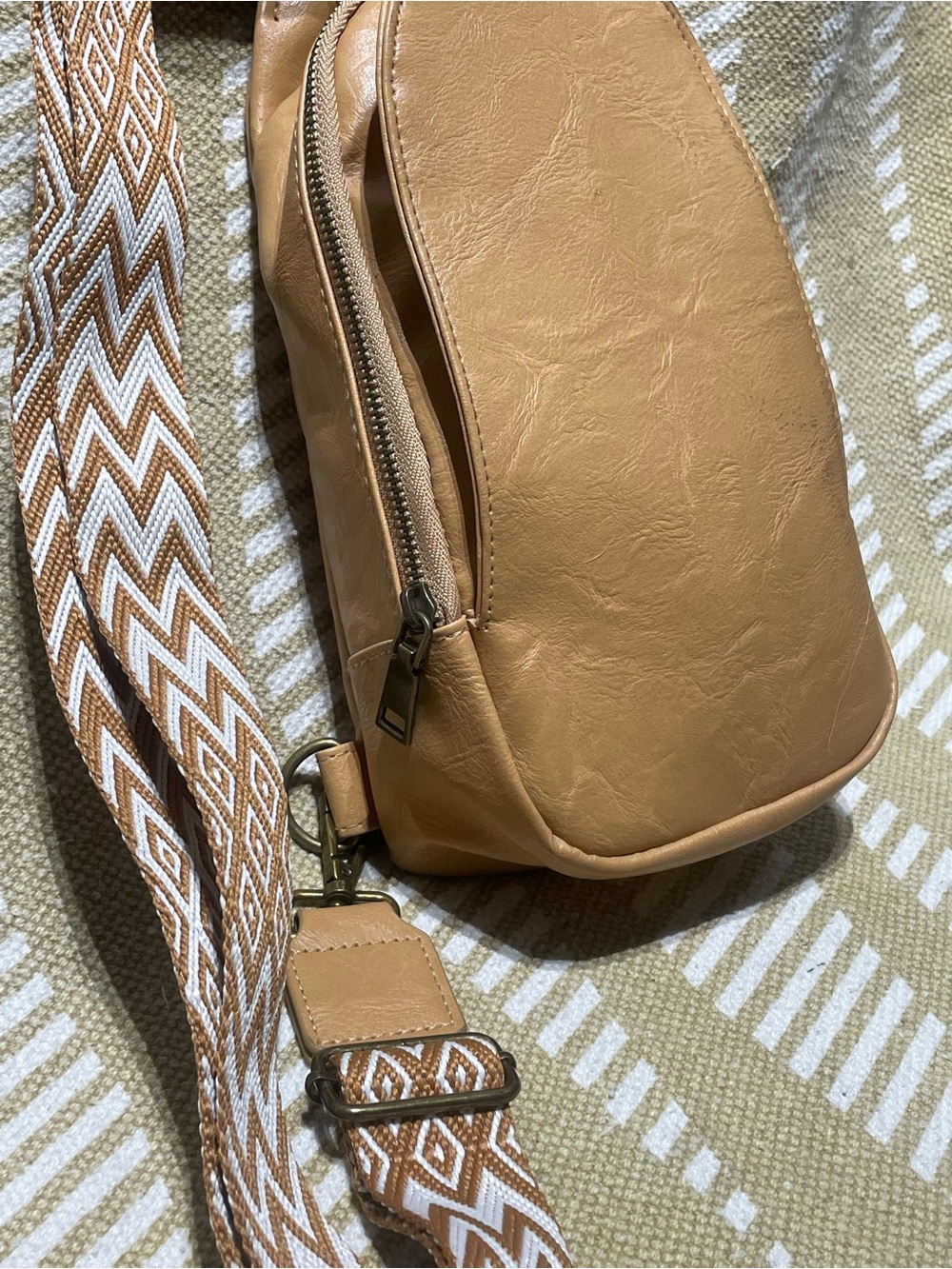 Tan Crossbody Sling Bag with Patterned Strap - Picture 6 of 16